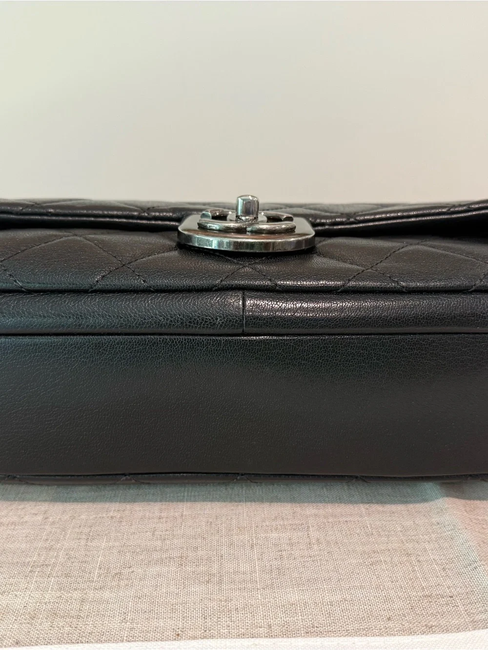Chanel Black Quilted Goatskin Leather Shoulder Bag with Silver CC Turn-Lock
